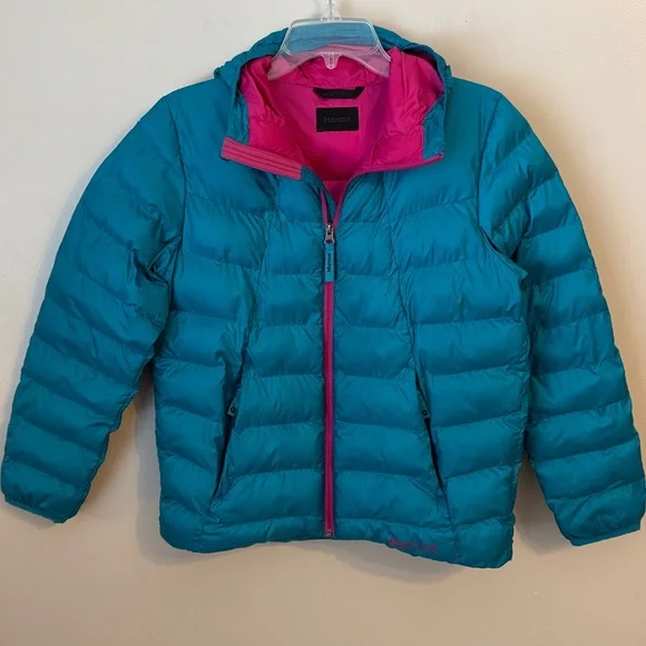Marmot Girls Puffer Hooded Jacket With Pockets Teal/Hot Pink Size XL - Picture 13 of 13